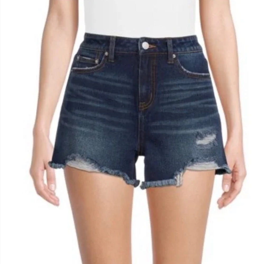TIME & TRU RELAXED FIT & HIGH RISE DISTRESSED FRAYED HEM BLUE DENIM SHORTS NEW